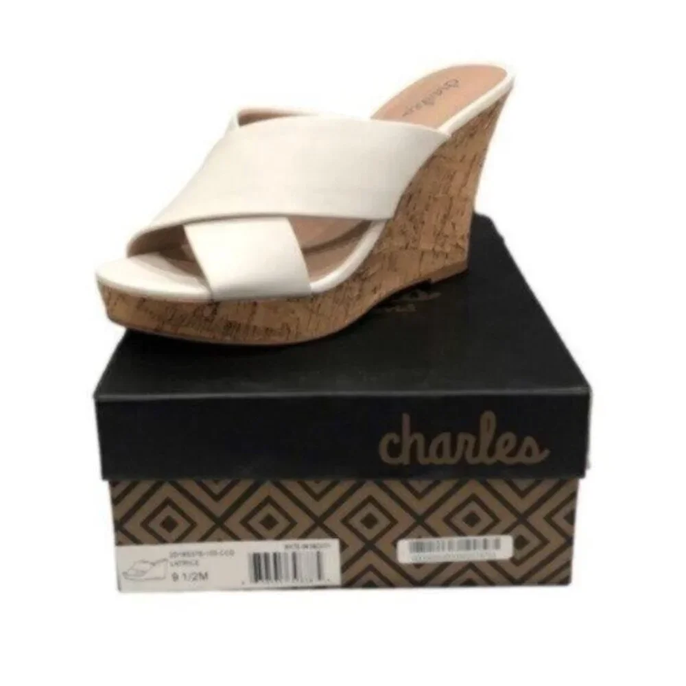 NWT Charles David White Leather Wedge Slide Sandals 9.5M